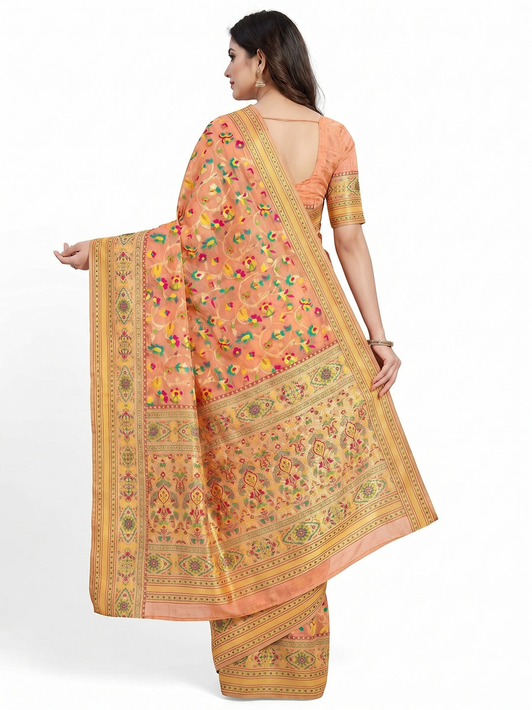Peach Floral Woven Cotton Blend Saree - Image 1