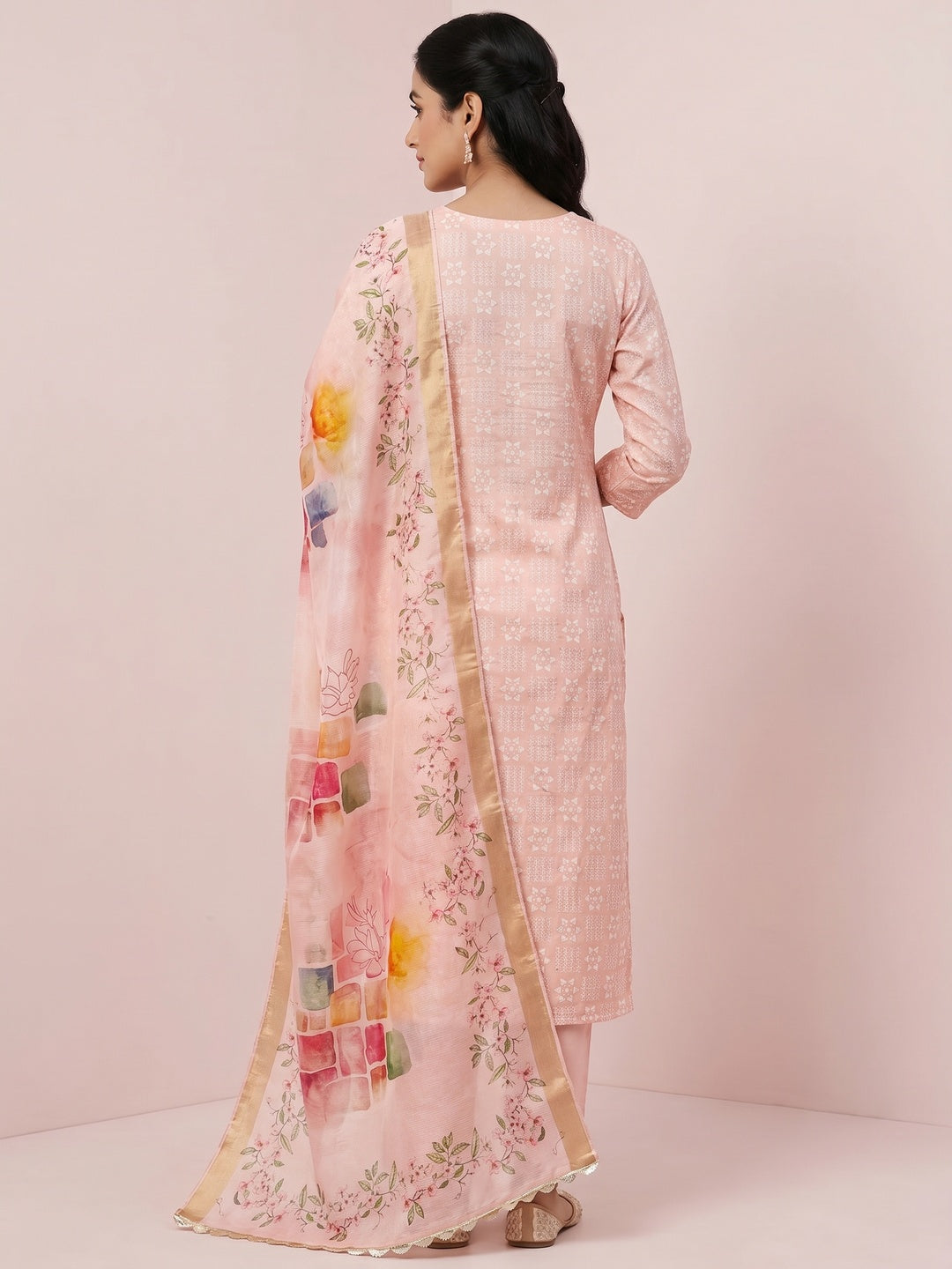 Peach Floral Printed With Hand Embroidery Chanderi Dress Material - Image 2