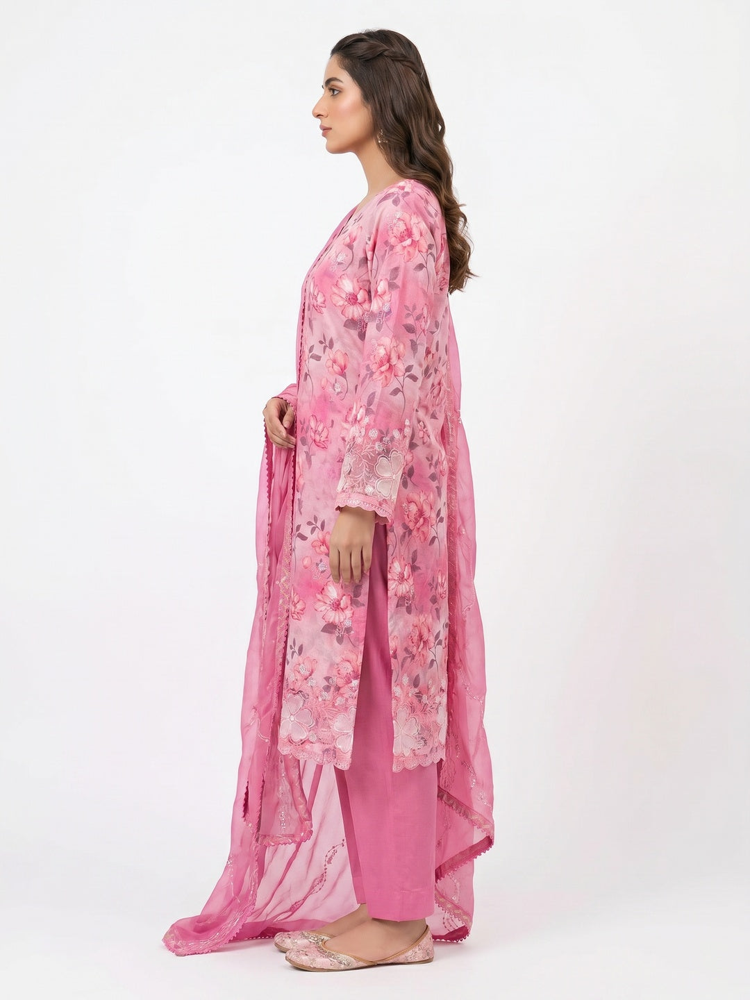 Pink Floral Embroidery With Printed Pure Cotton Dress Material - Image 3