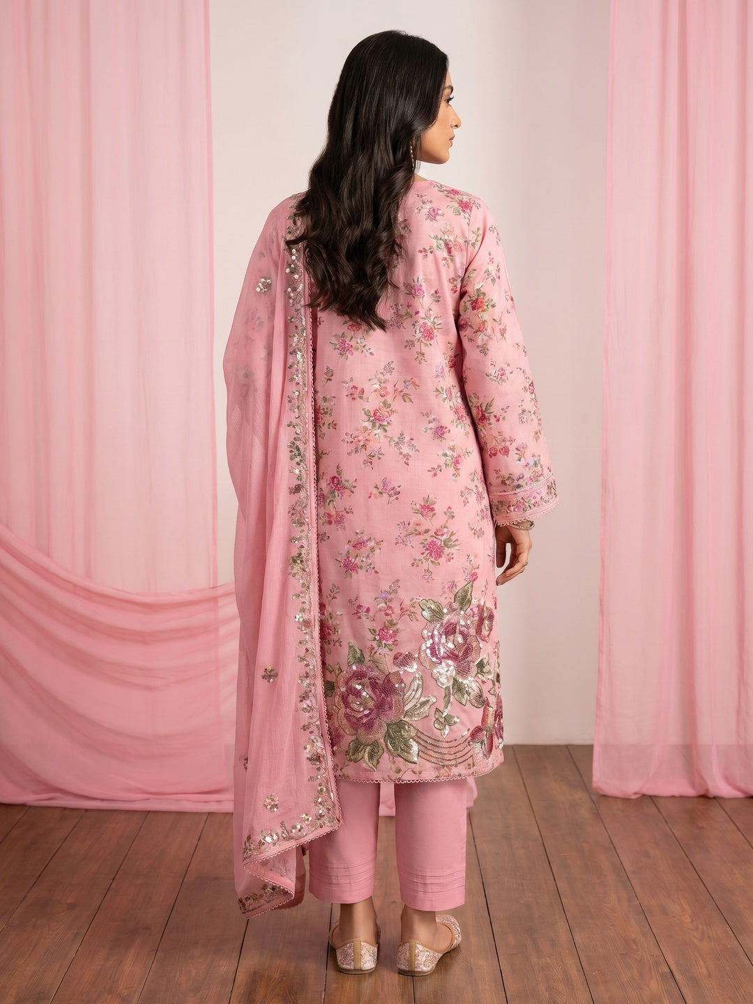 Pink Floral Embroidery With Printed Pure Cotton Dress Material - Image 2