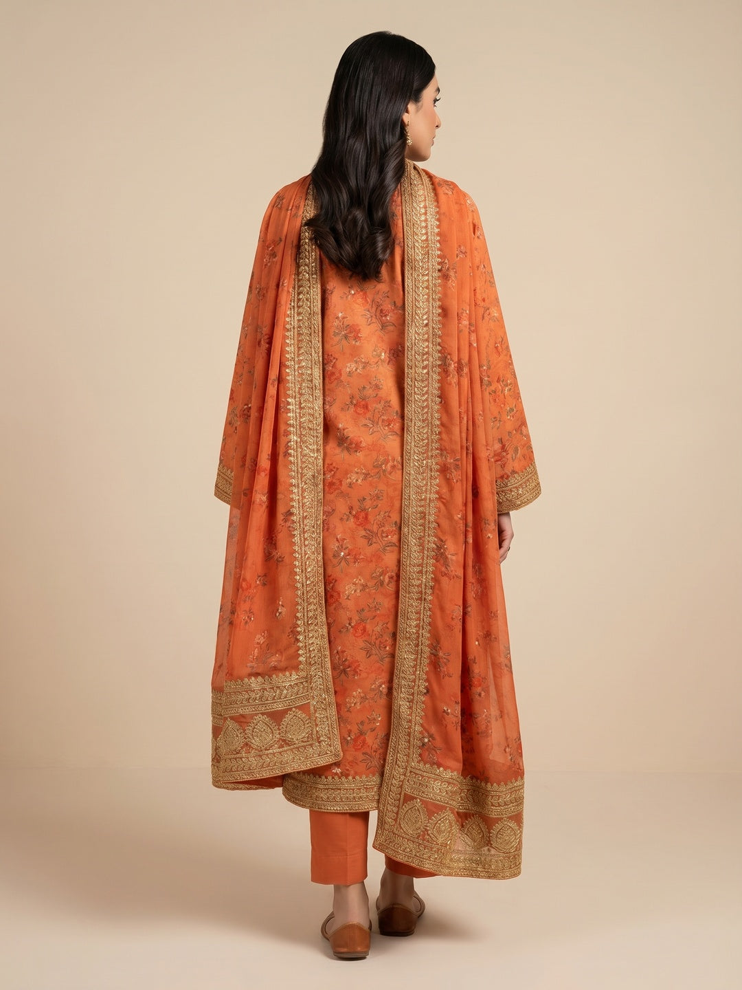 Orange Floral Embroidery With Printed Pure Cotton Dress Material - Image 2