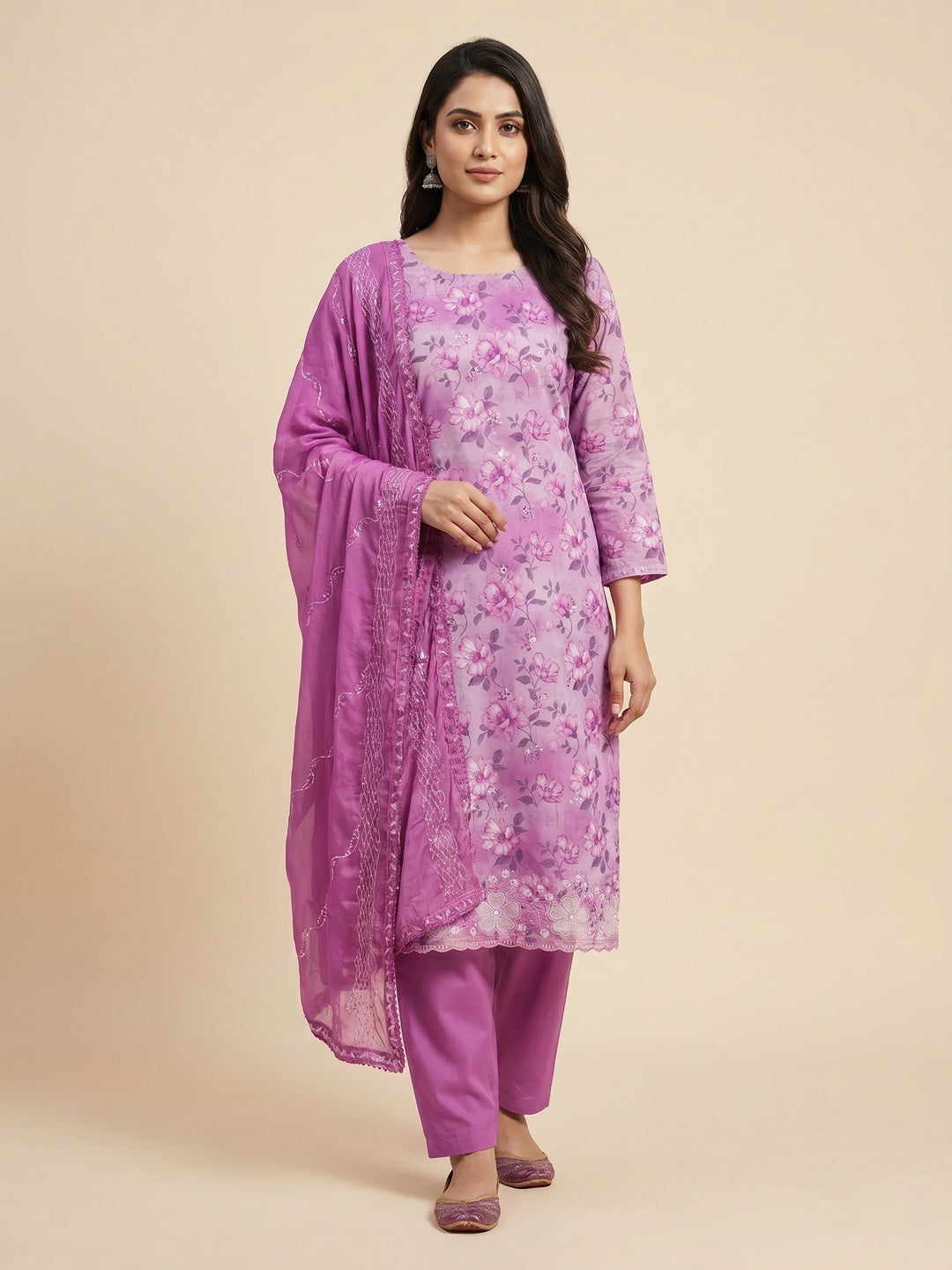 Purple Floral Embroidery With Printed Pure Cotton Dress Material - Image 1