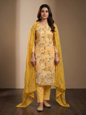 Yellow Floral Embroidery With Printed Pure Cotton Dress Material - Image 1