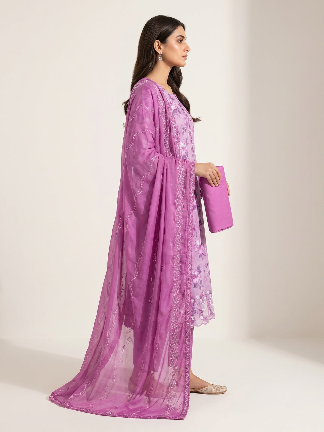 Purple Floral Embroidery With Printed Pure Cotton Dress Material - Image 3