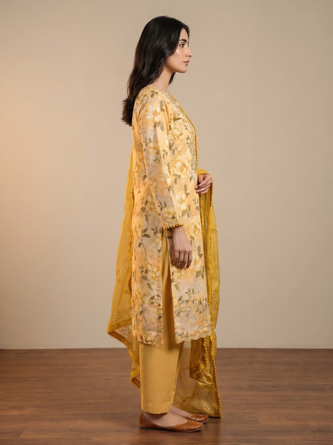 Yellow Floral Embroidery With Printed Pure Cotton Dress Material - Image 2