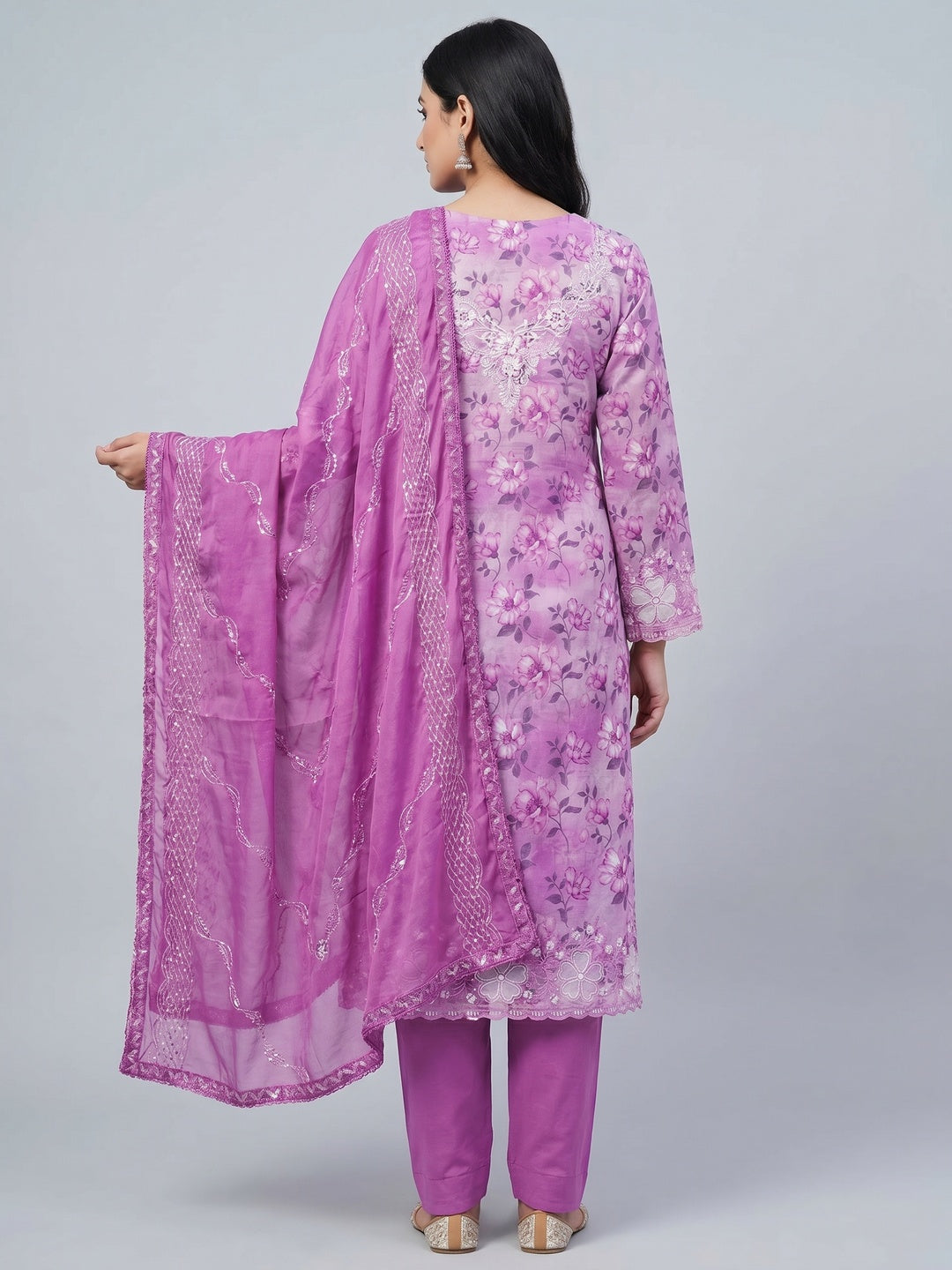 Purple Floral Embroidery With Printed Pure Cotton Dress Material - Image 2