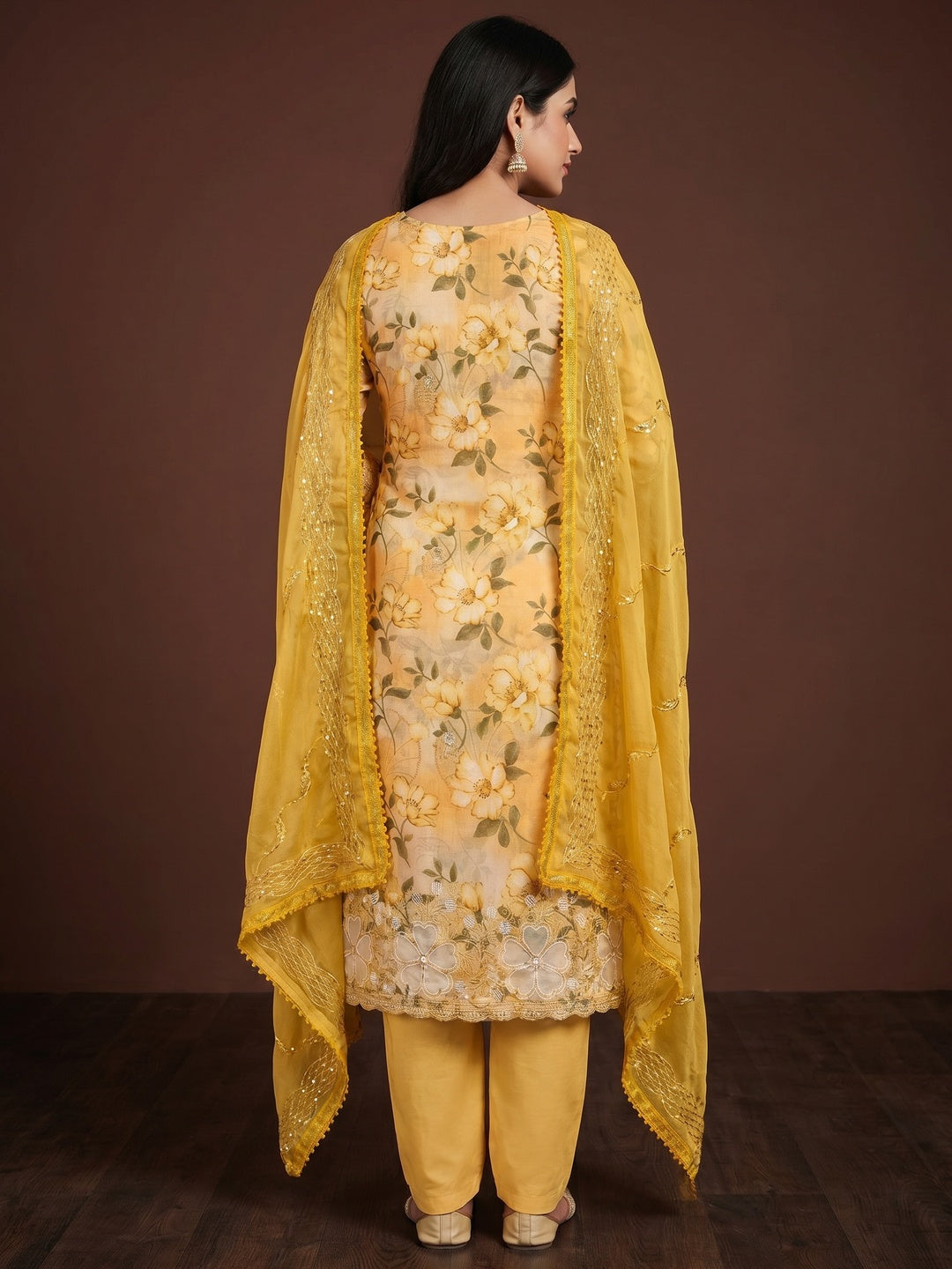 Yellow Floral Embroidery With Printed Pure Cotton Dress Material - Image 3