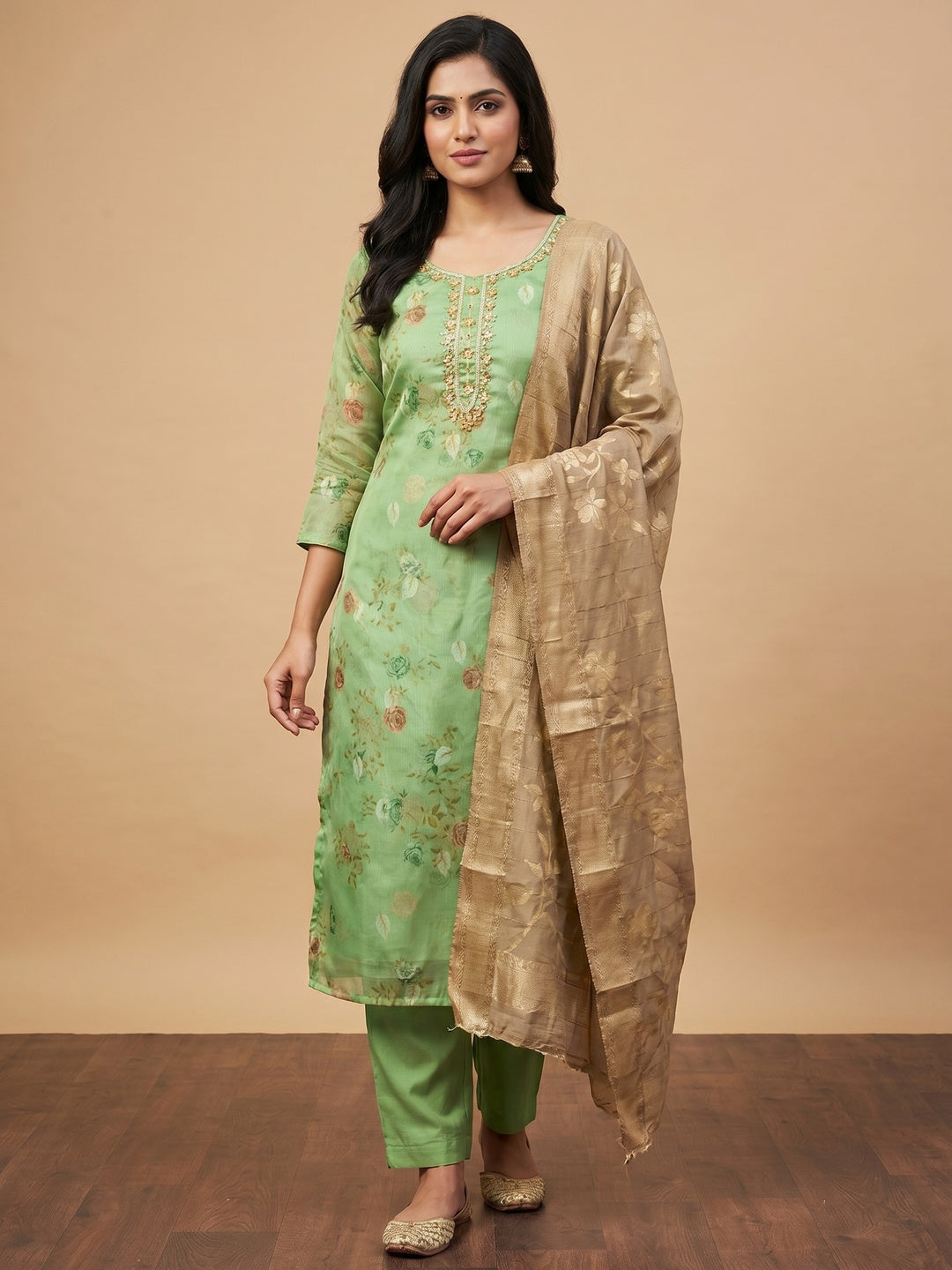 Green Floral Digital Printed With Handwork Organza Dress Material - Image 1