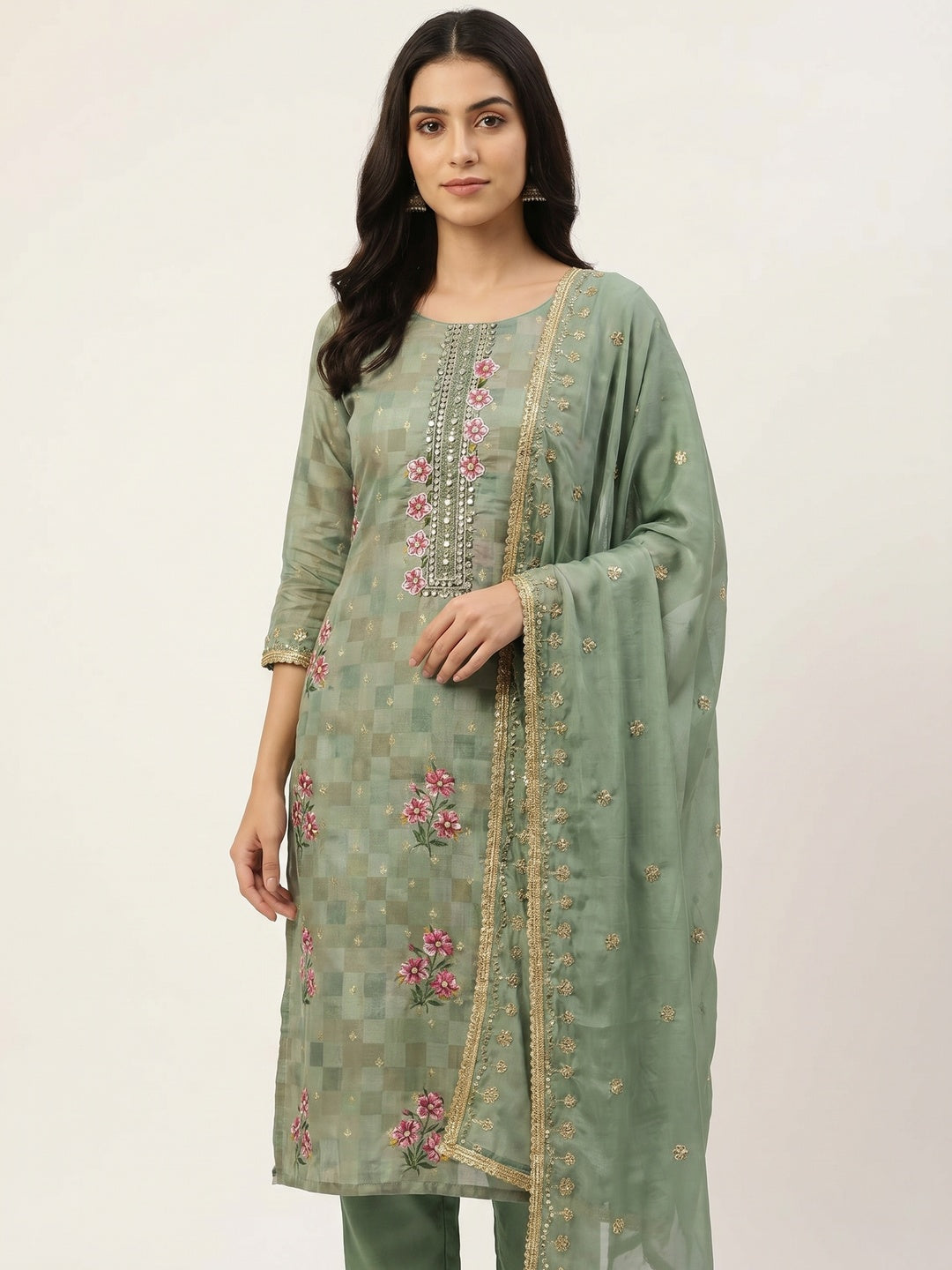 Green Floral Digital Printed With Handwork Chanderi Dress Material - Image 1