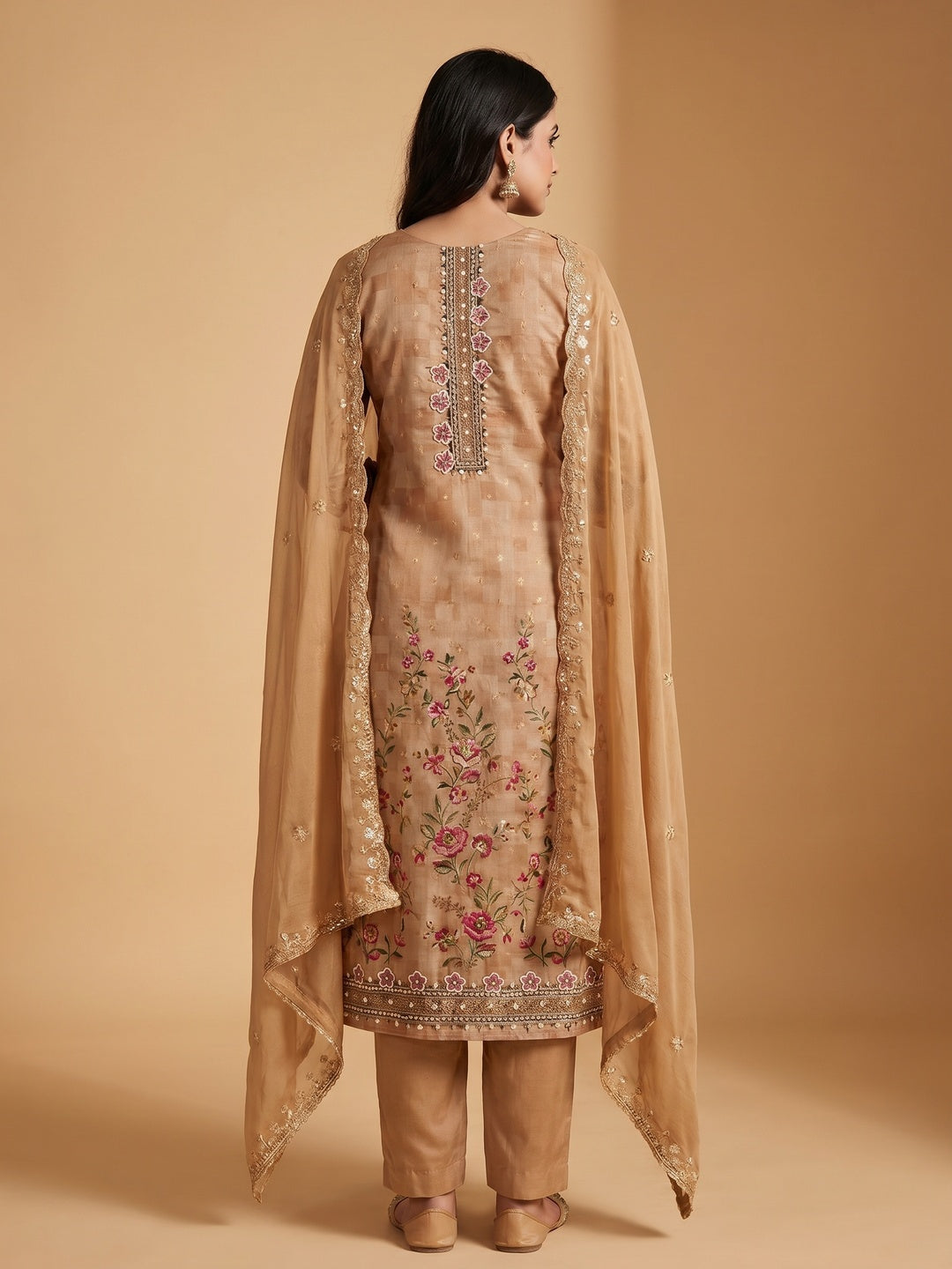 Chikoo Floral Digital Printed With Handwork Chanderi Dress Material - Image 3