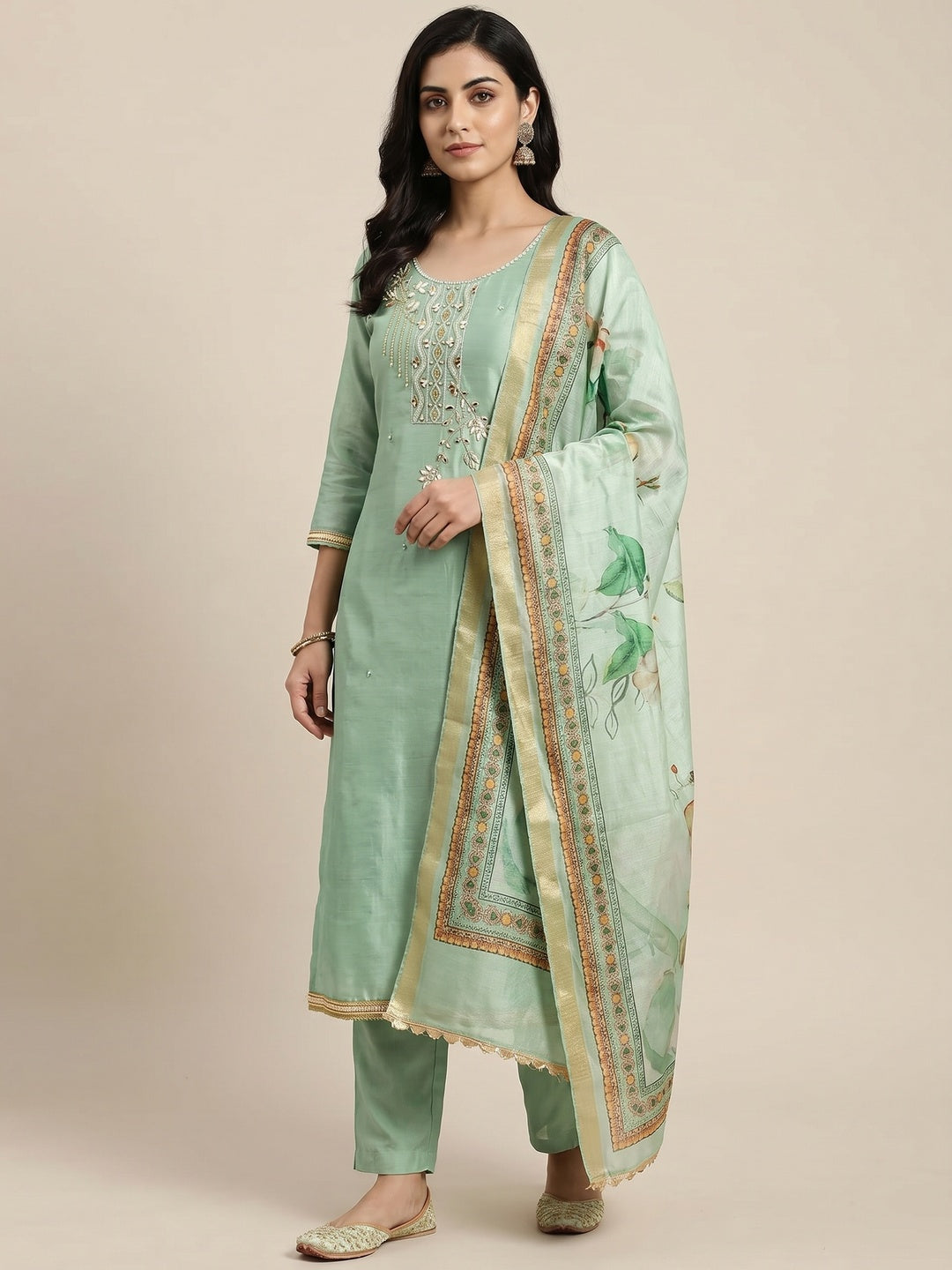 Green Floral Hand Embroidery Chanderi Dress Material - Image 1