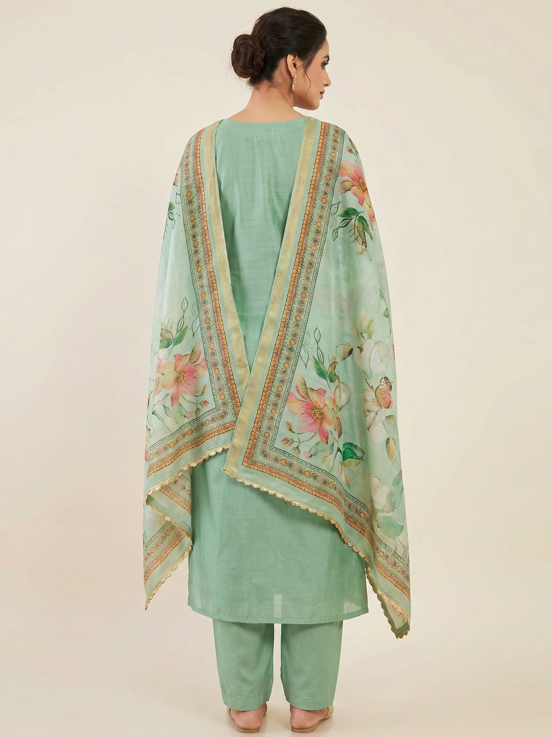 Green Floral Hand Embroidery Chanderi Dress Material - Image 2