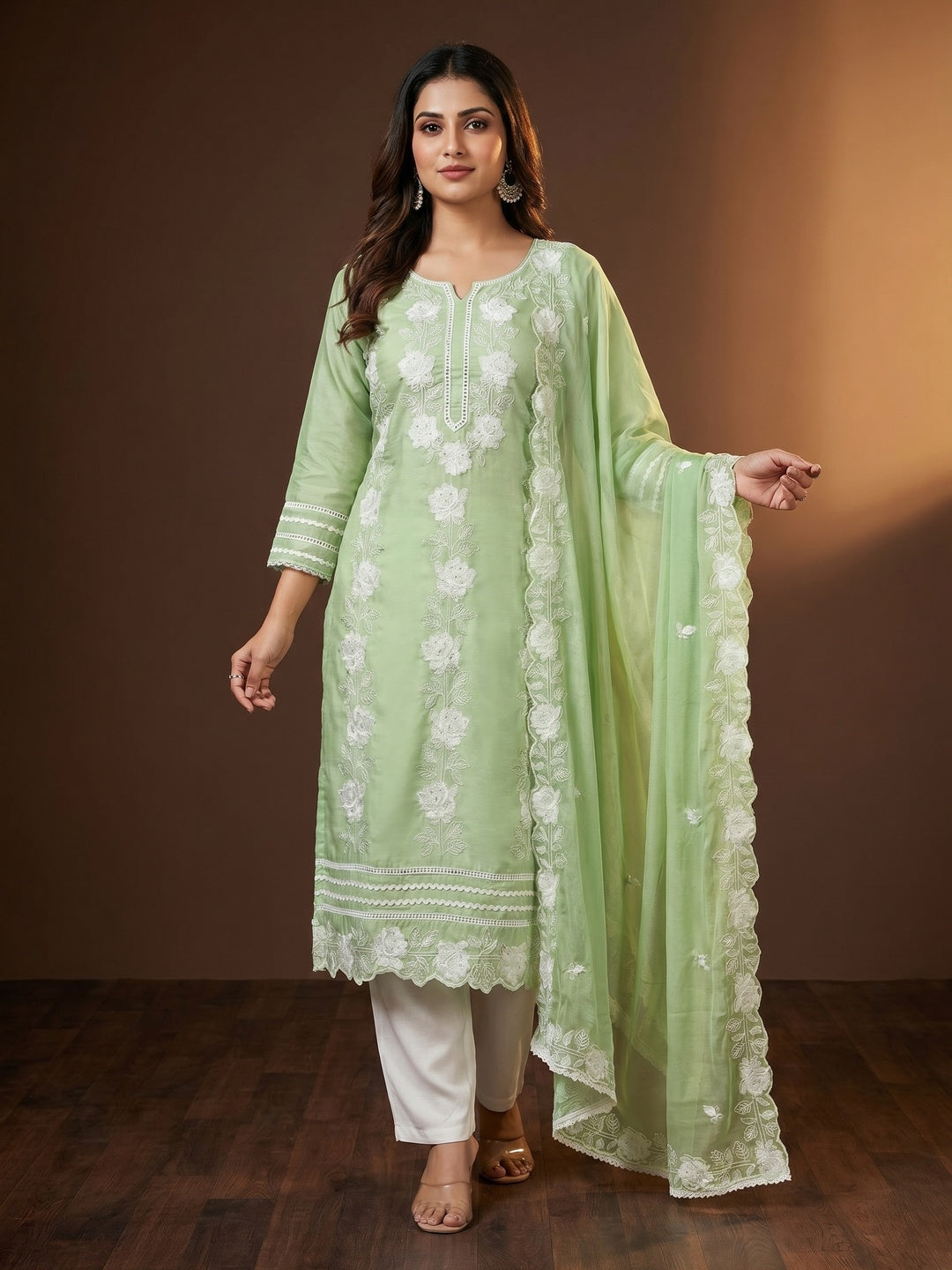 Green Floral Stone Embroidered Cotton Silk Dress Material - Image 1