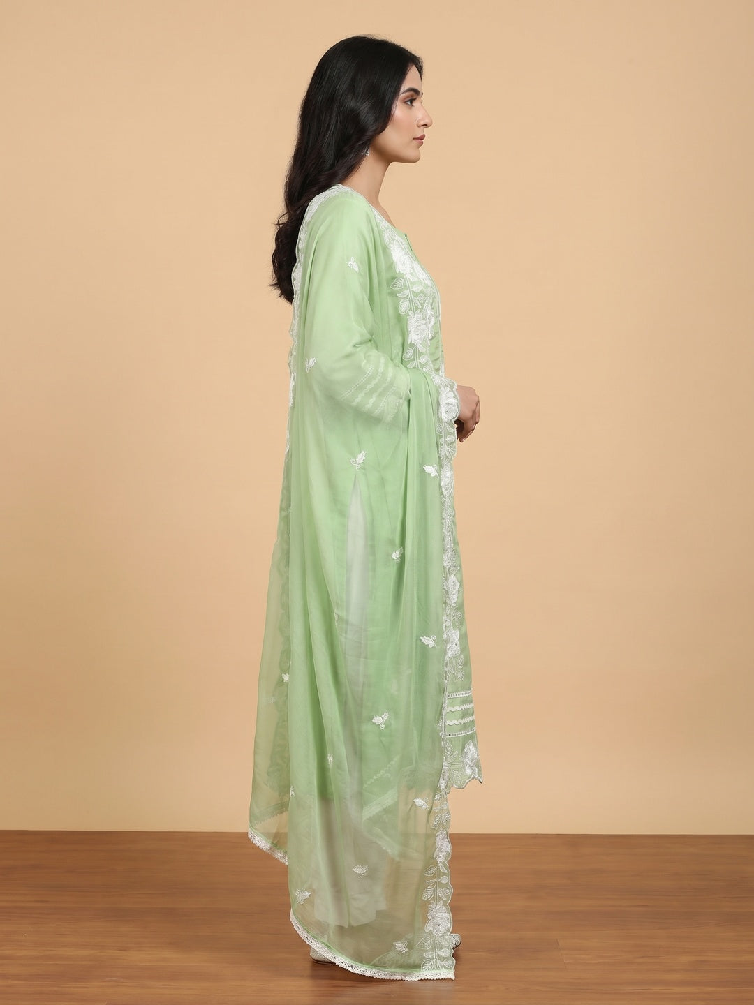 Green Floral Stone Embroidered Cotton Silk Dress Material - Image 3