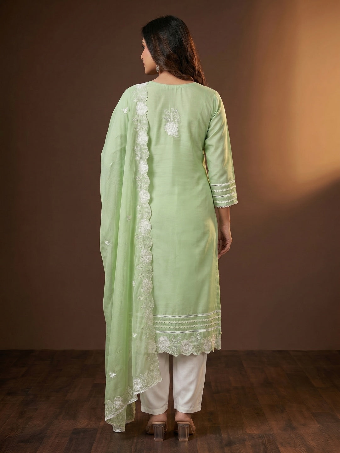 Green Floral Stone Embroidered Cotton Silk Dress Material - Image 2