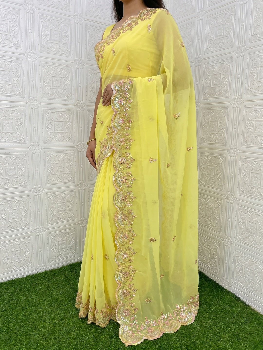 Yellow Floral Sequins Embroidered Georgette Saree - Image 3