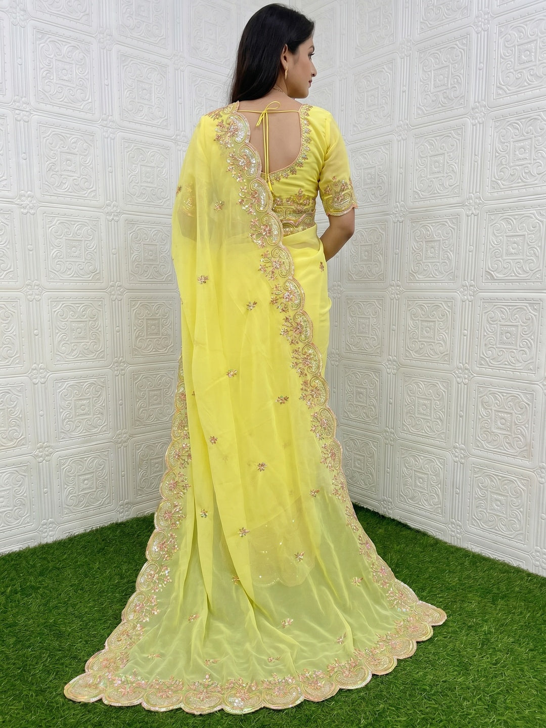 Yellow Floral Sequins Embroidered Georgette Saree - Image 2