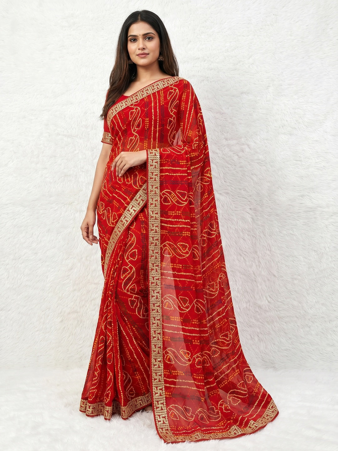 Red Bandhani Printed Georgette Saree With Zari Lace Border - Image 1
