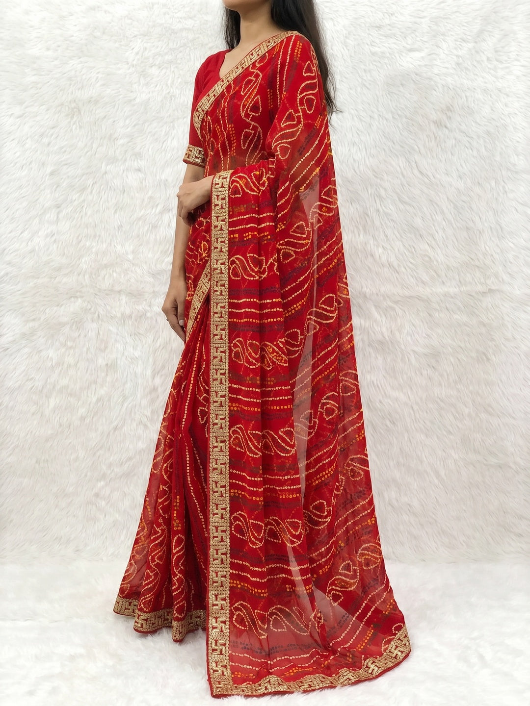 Red Bandhani Printed Georgette Saree With Zari Lace Border - Image 2