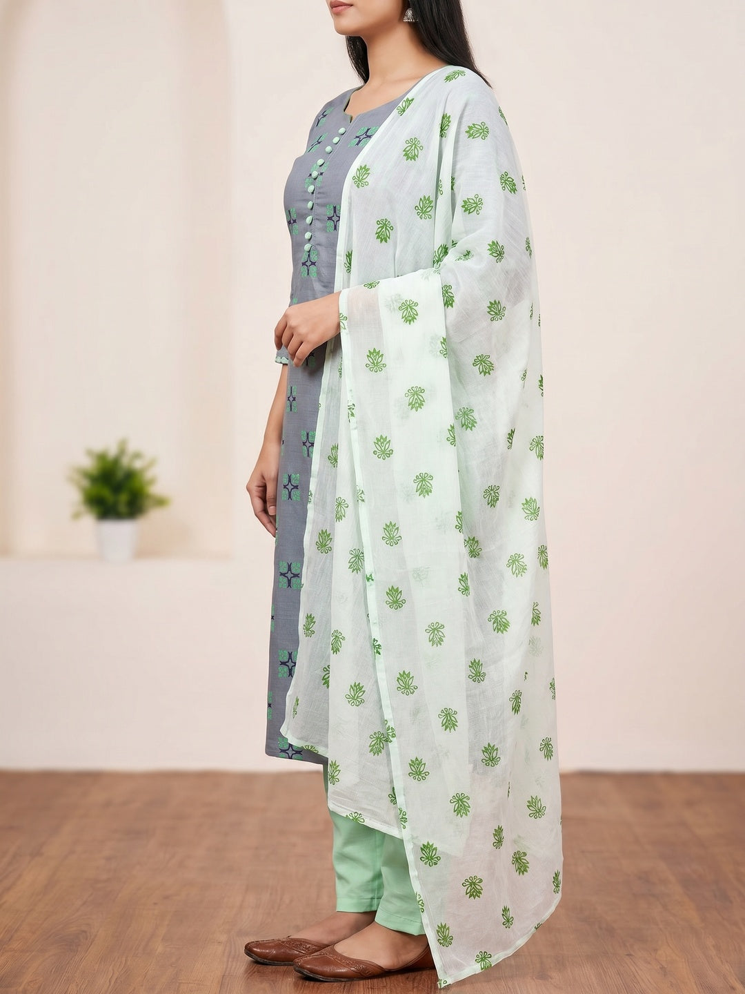 Grey & Green Floral Printed Cotton Blend Dress Material - Image 3