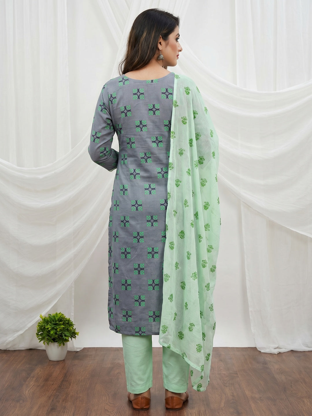 Grey & Green Floral Printed Cotton Blend Dress Material - Image 2