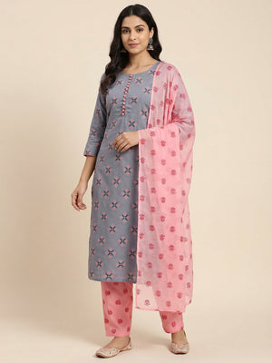 Grey & Gajari Pink Floral Printed Cotton Blend Dress Material - Image 1