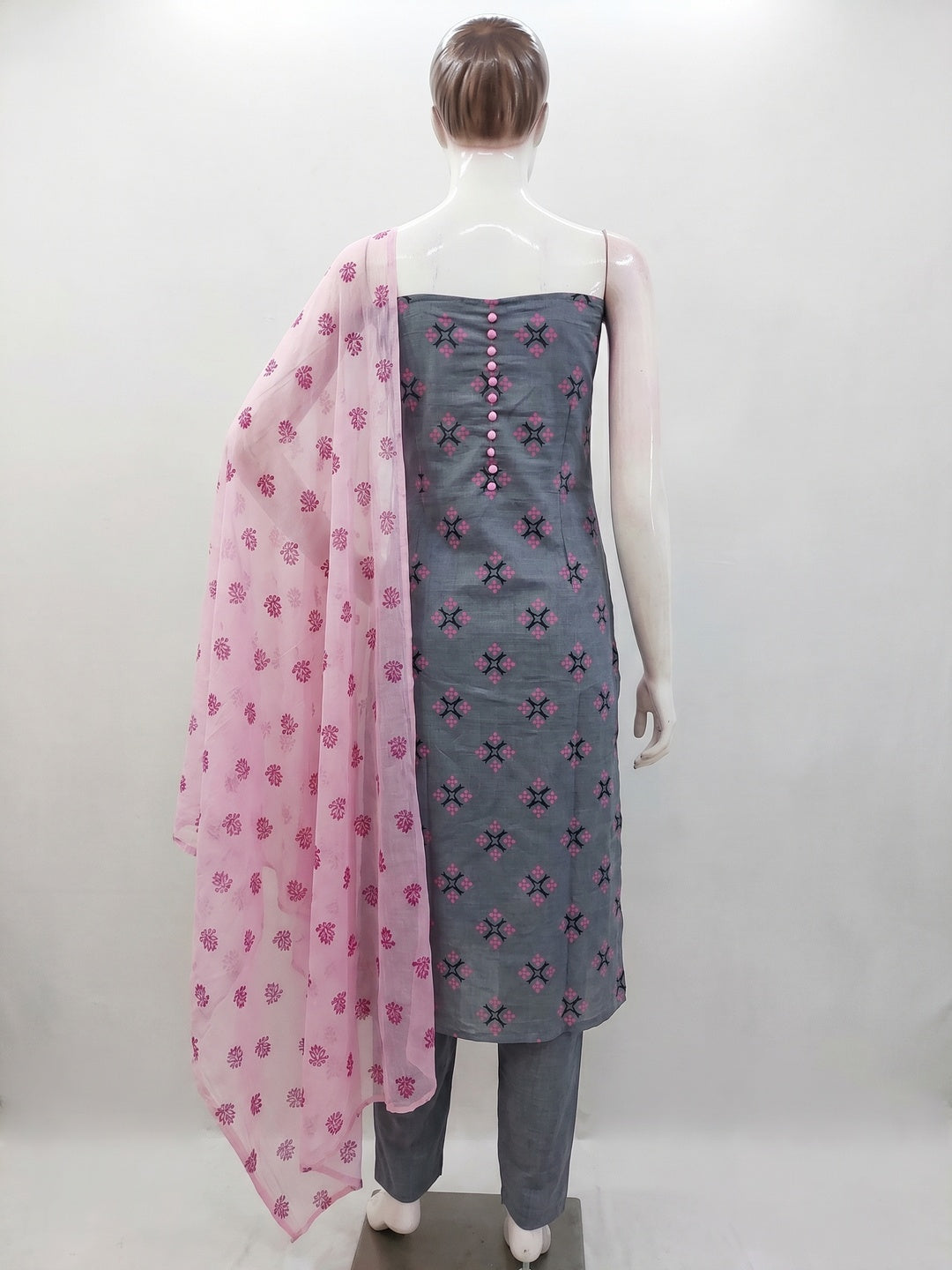 Grey & Pink Floral Printed Cotton Blend Dress Material - Image 4