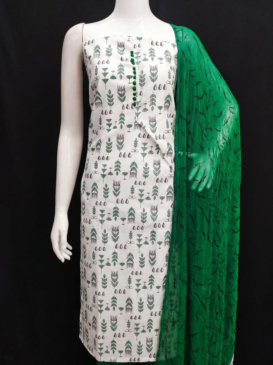White & Green Floral Printed Cotton Blend Dress Material - Image 1