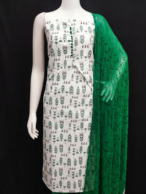 White & Green Floral Printed Cotton Blend Dress Material - Image 1