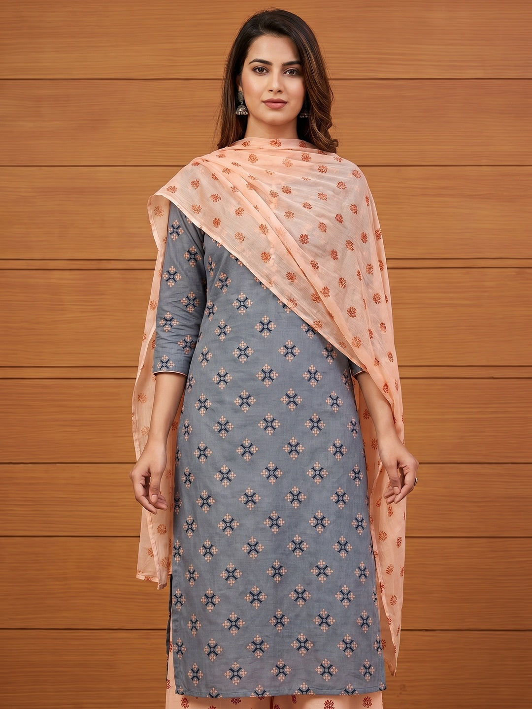 Grey & Peach Floral Printed Cotton Blend Dress Material - Image 1