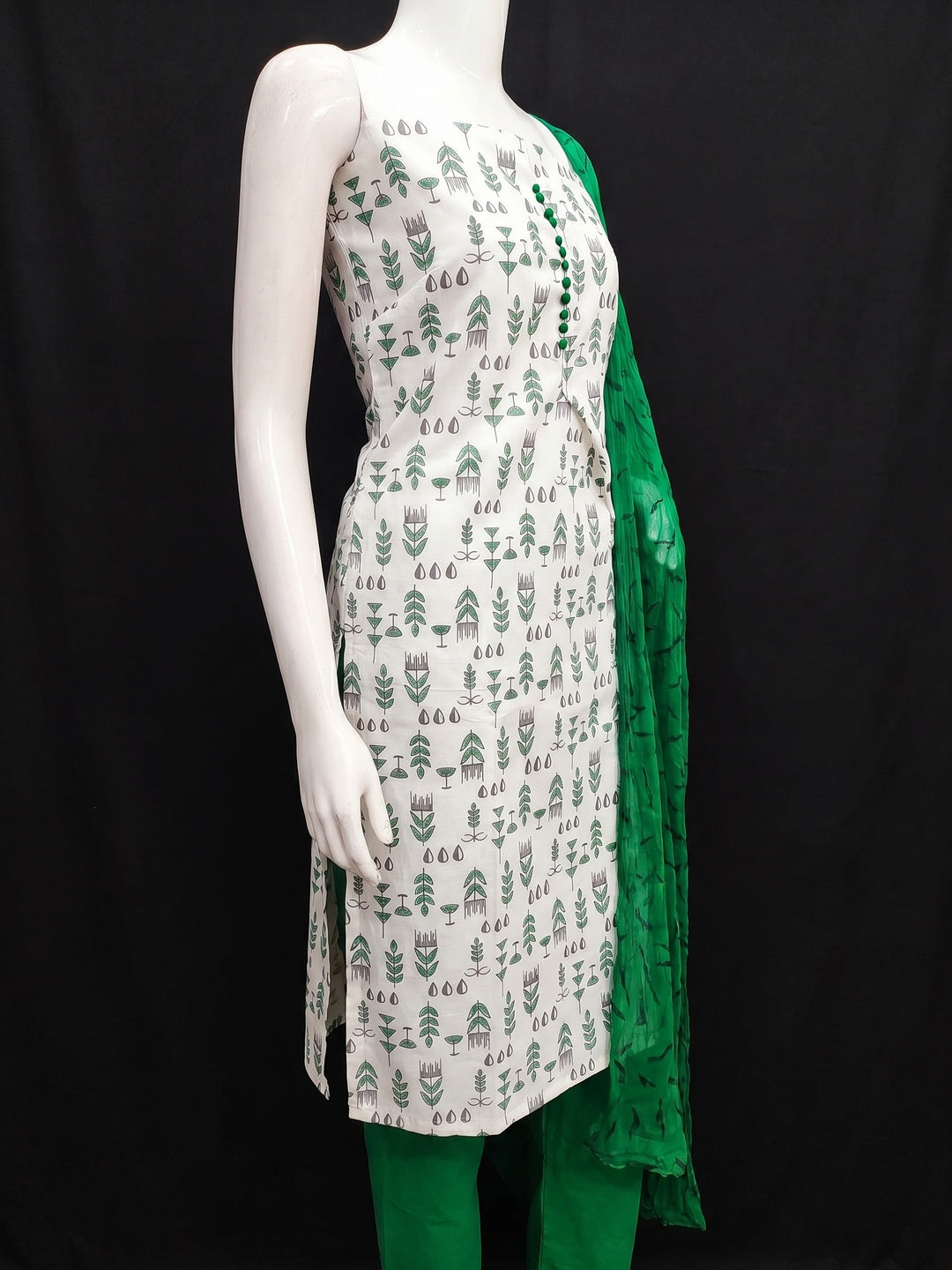 White & Green Floral Printed Cotton Blend Dress Material - Image 2