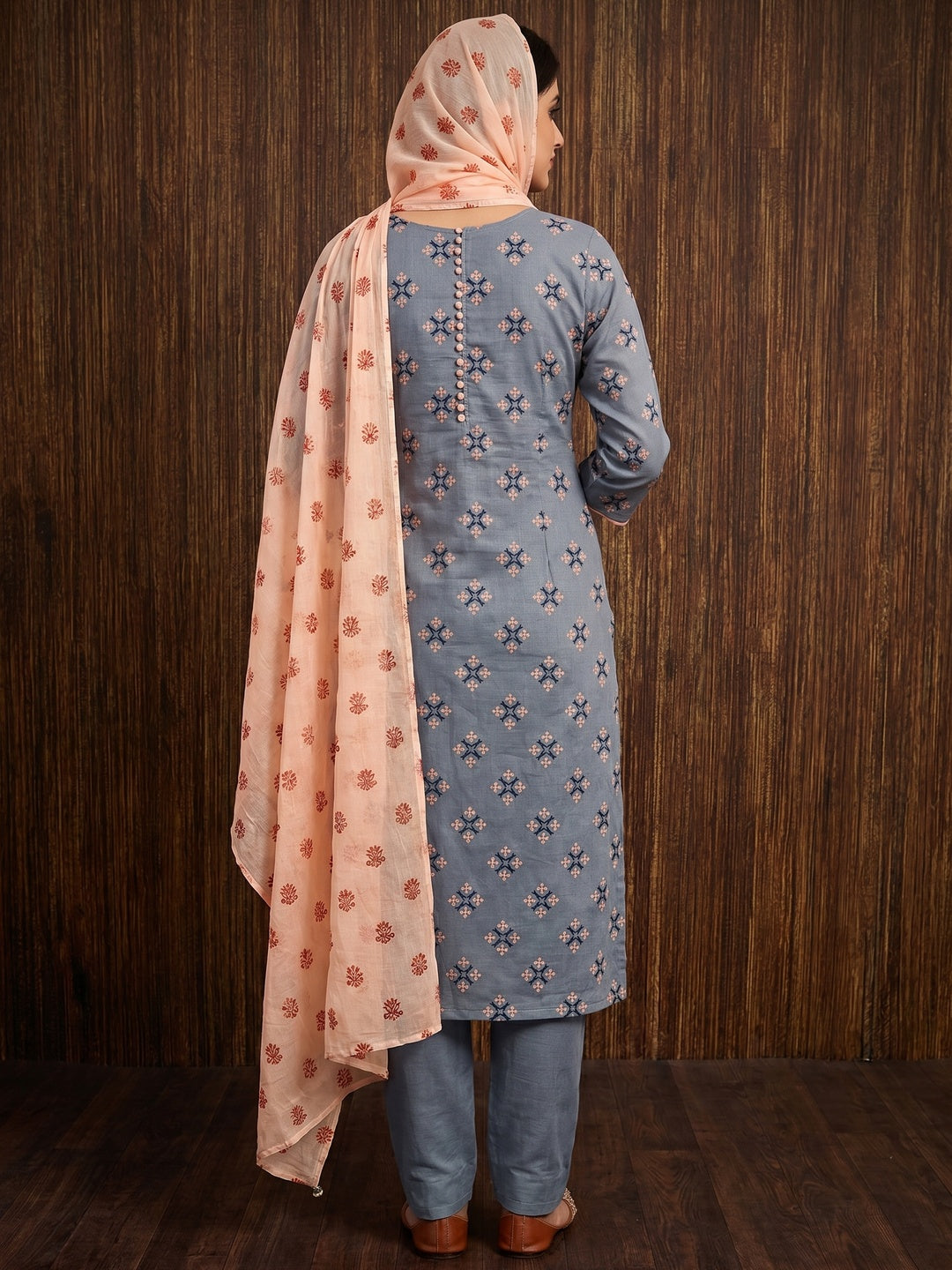 Grey & Peach Floral Printed Cotton Blend Dress Material - Image 2