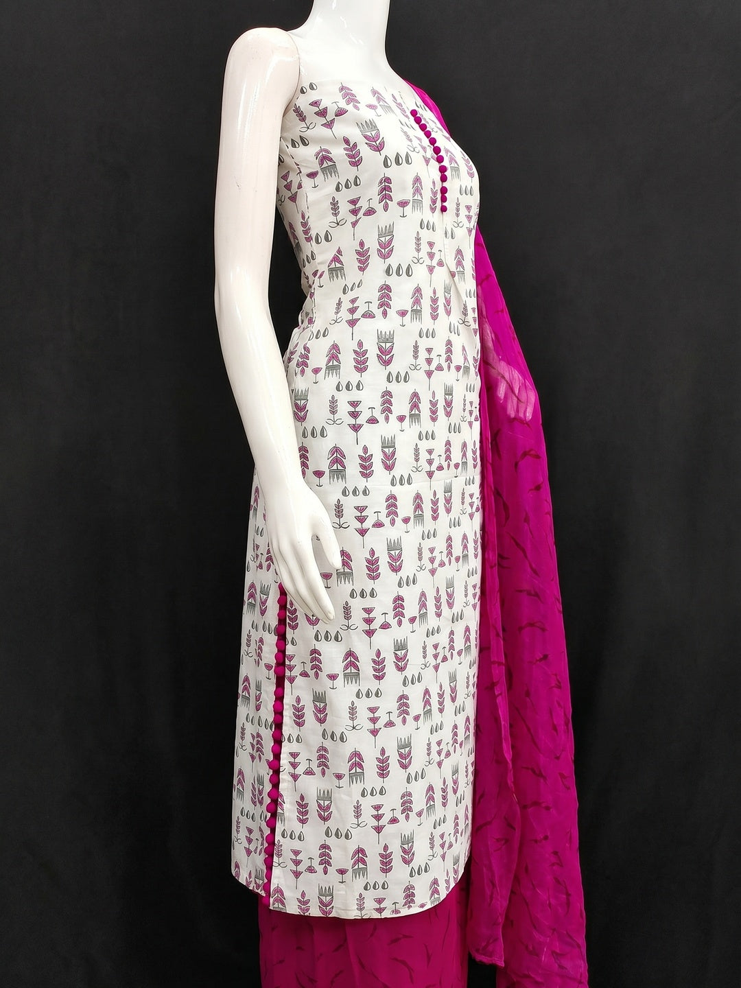 White & Rani Pink Floral Printed Cotton Blend Dress Material - Image 4