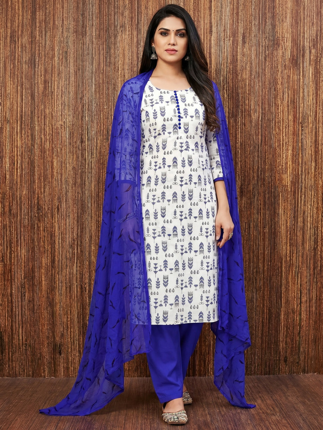 White & Blue Floral Printed Cotton Blend Dress Material - Image 1