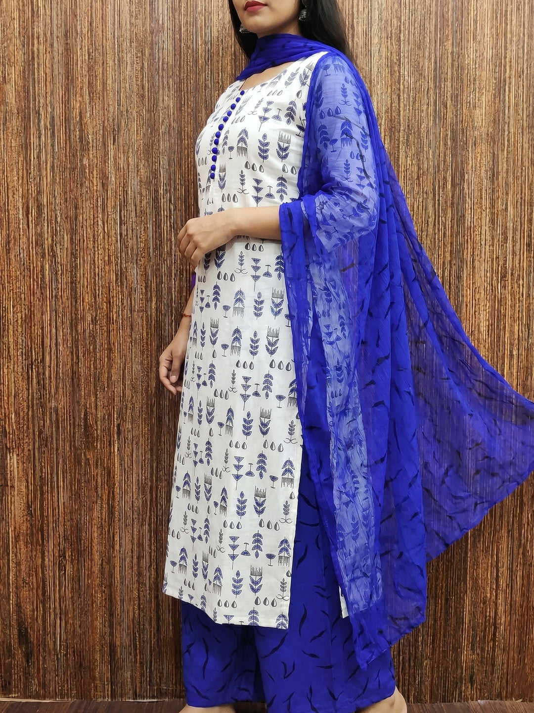 White & Blue Floral Printed Cotton Blend Dress Material - Image 3
