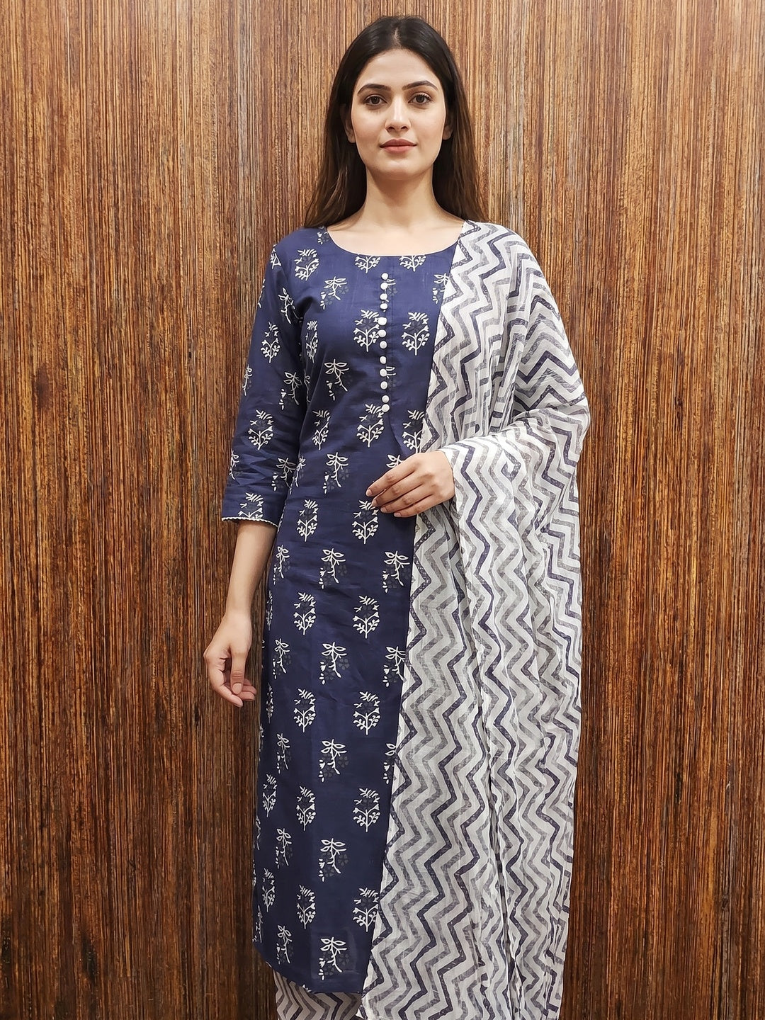 Blue Floral Printed Cotton Blend Dress Material - Image 1