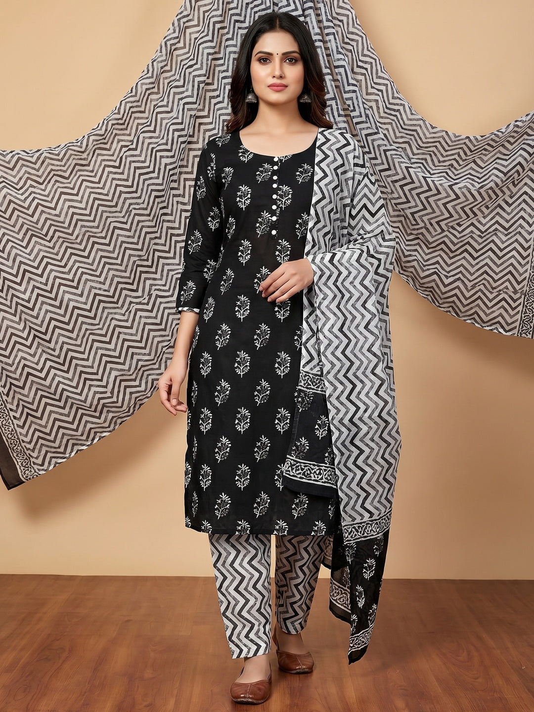 Black Floral Printed Cotton Blend Dress Material - Image 2