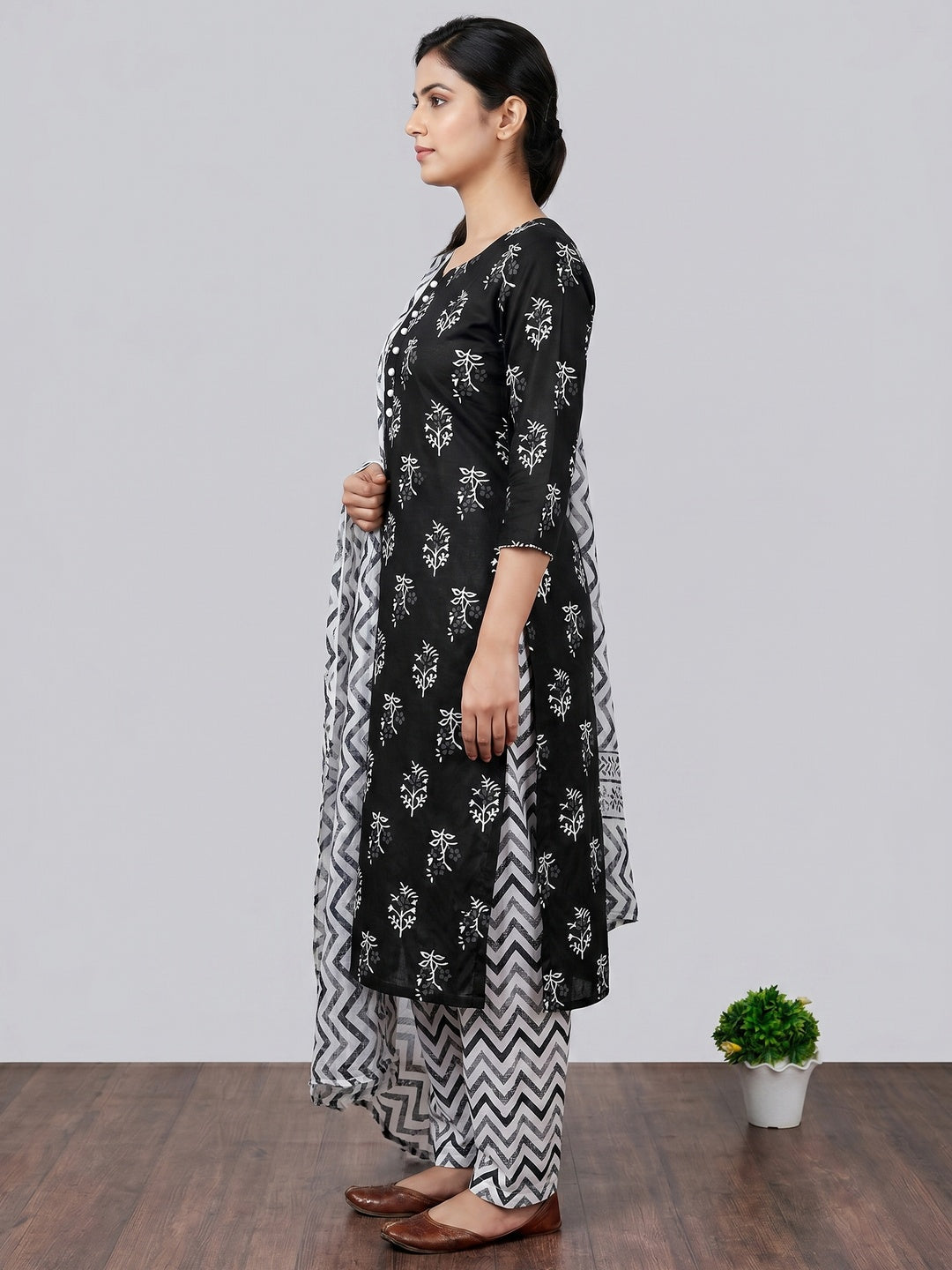 Black Floral Printed Cotton Blend Dress Material - Image 4