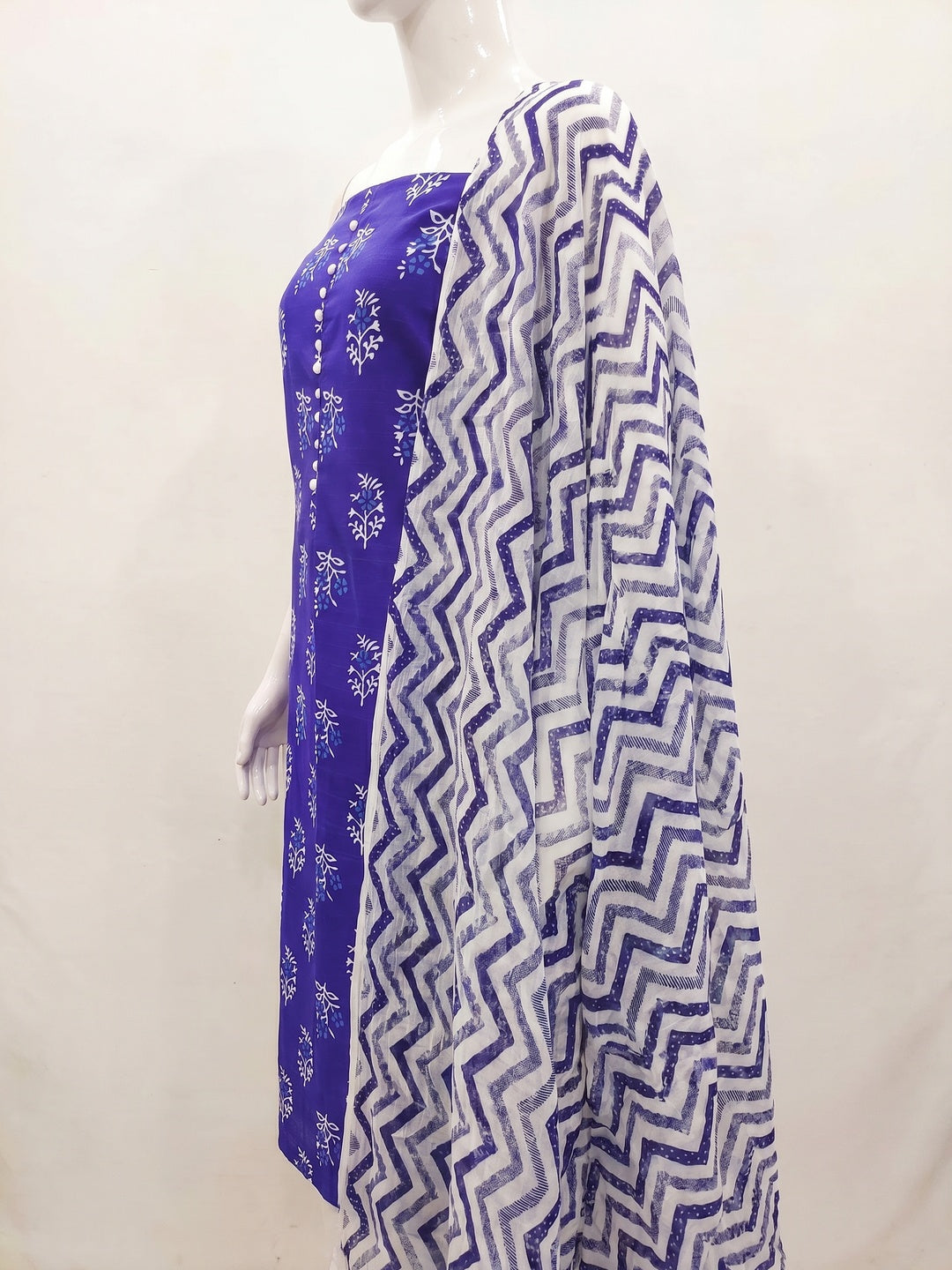 Royal Blue Floral Printed Cotton Blend Dress Material - Image 3