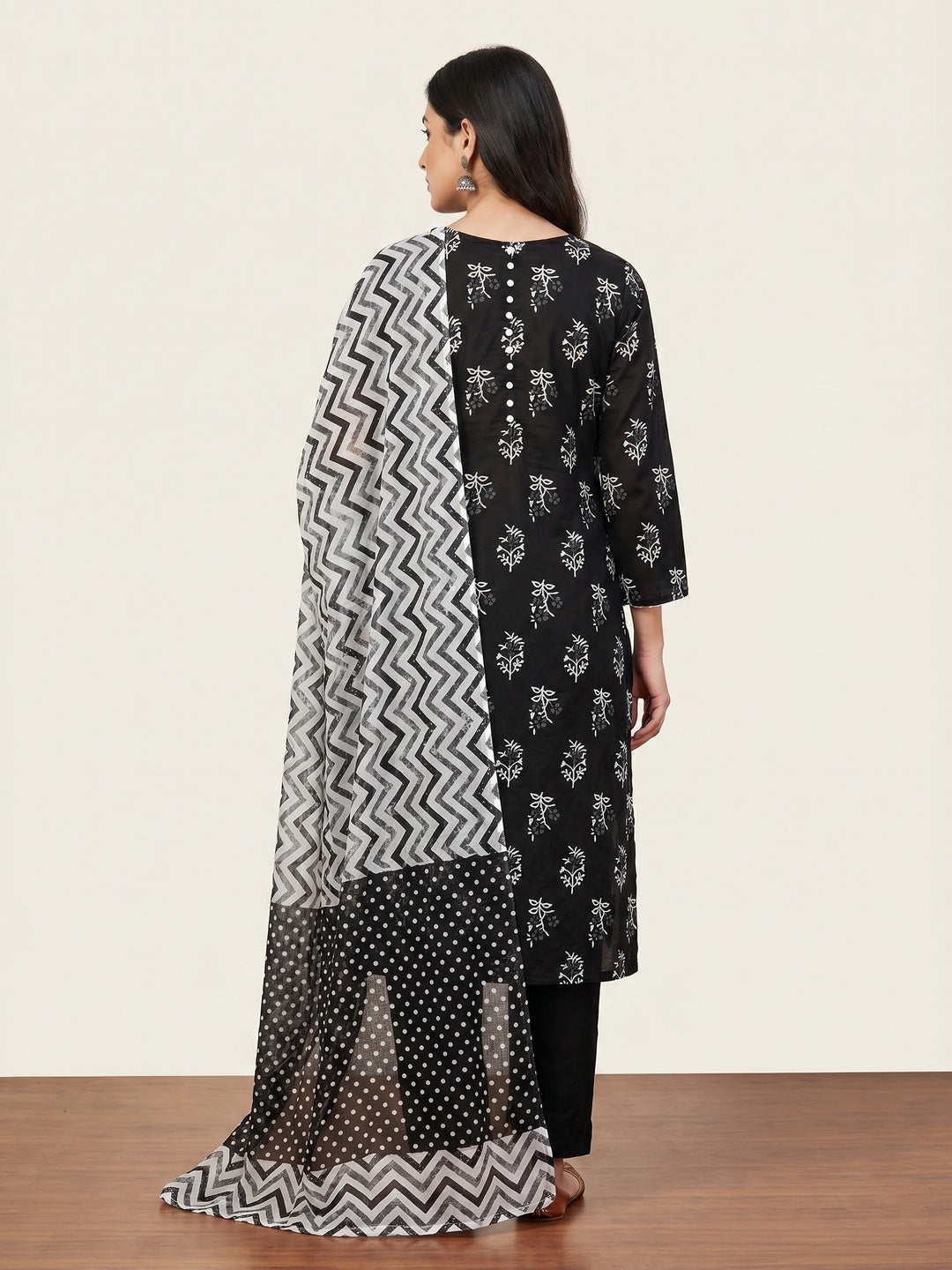 Black Floral Printed Cotton Blend Dress Material - Image 3