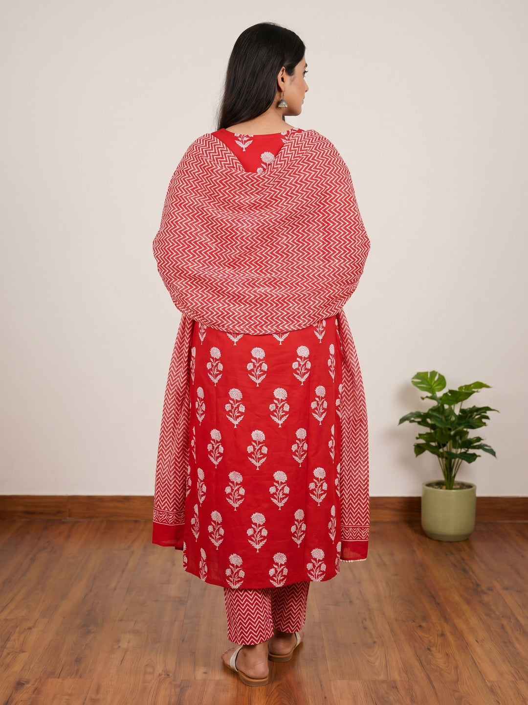 Red Floral Printed Cotton Blend Dress Material - Image 2