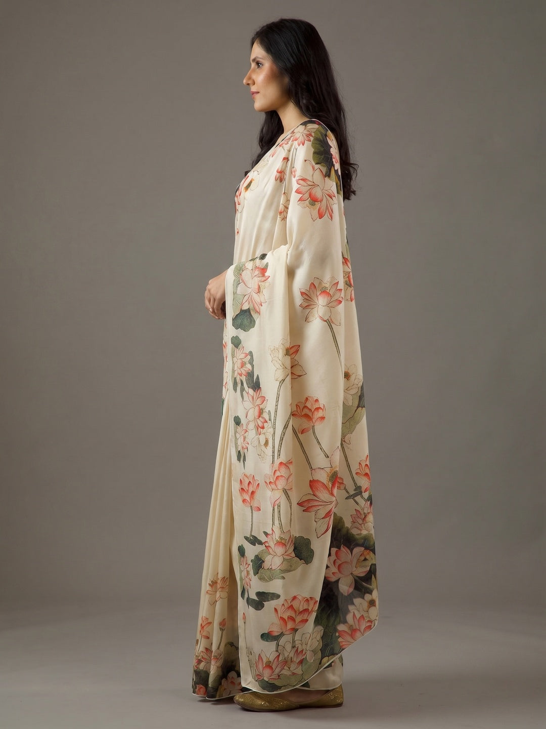 Cream Floral Printed Moss Satin Saree - Image 1