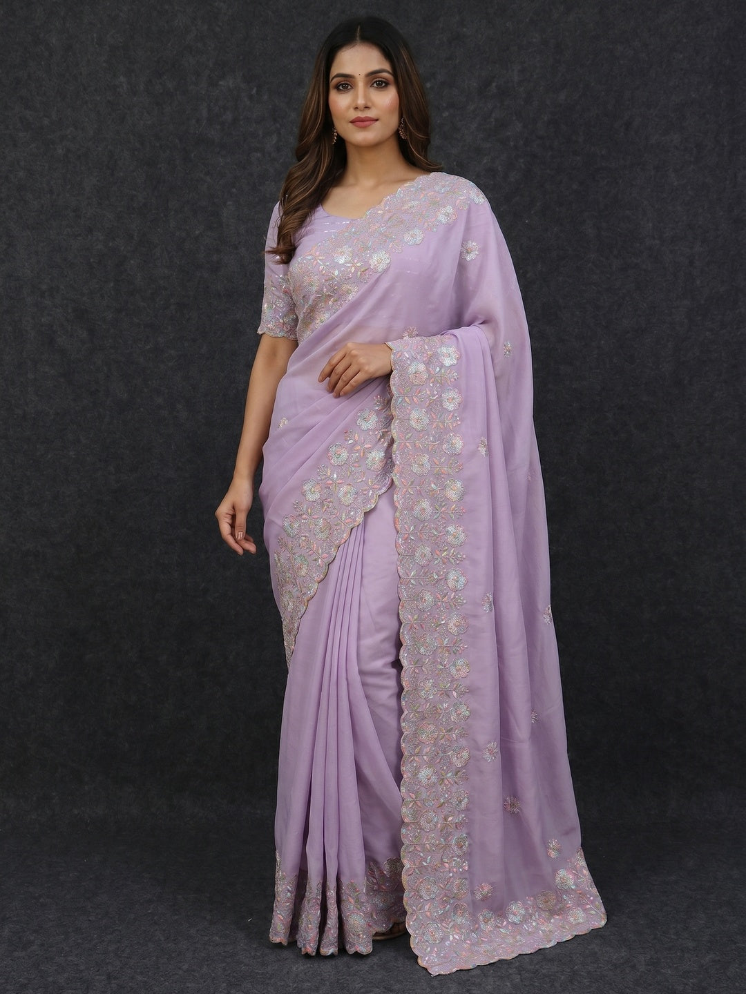 Light Purple Floral Sequins Embroidered Crepe Silk Saree - Image 1