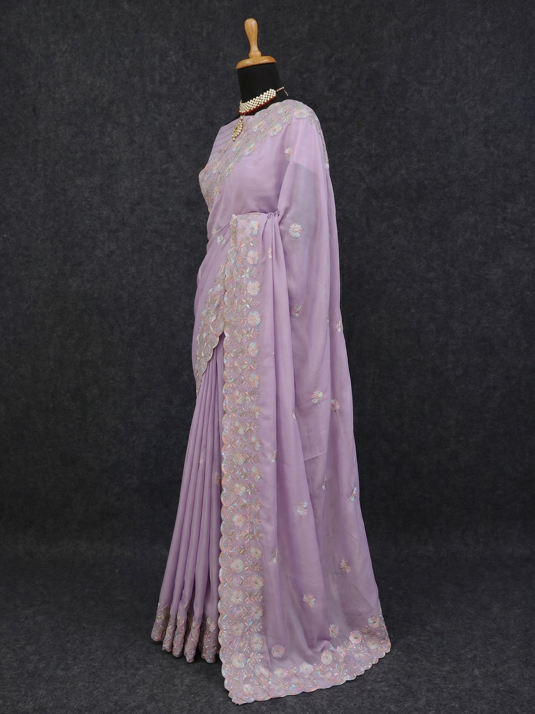 Light Purple Floral Sequins Embroidered Crepe Silk Saree - Image 2