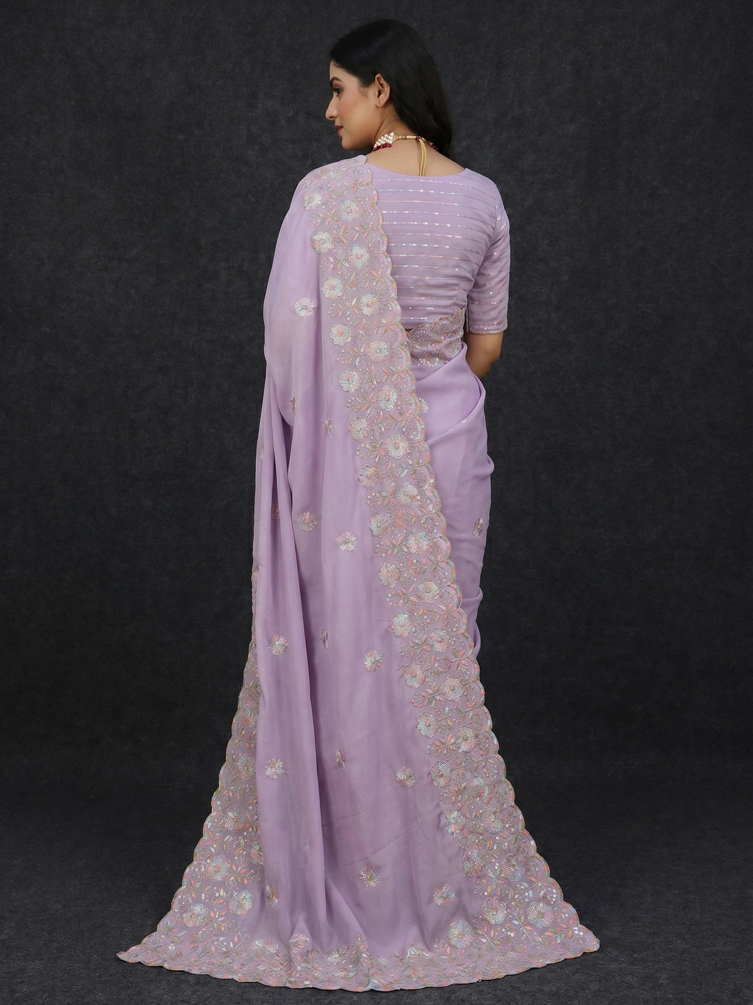Light Purple Floral Sequins Embroidered Crepe Silk Saree - Image 3