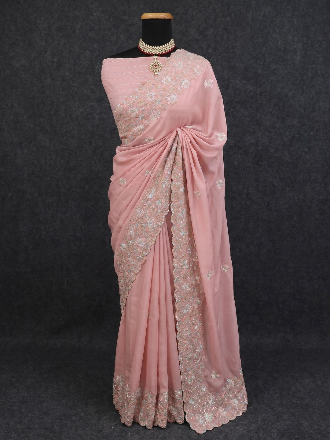Dusty Pink Floral Sequins Embroidered Crepe Silk Saree - Image 1