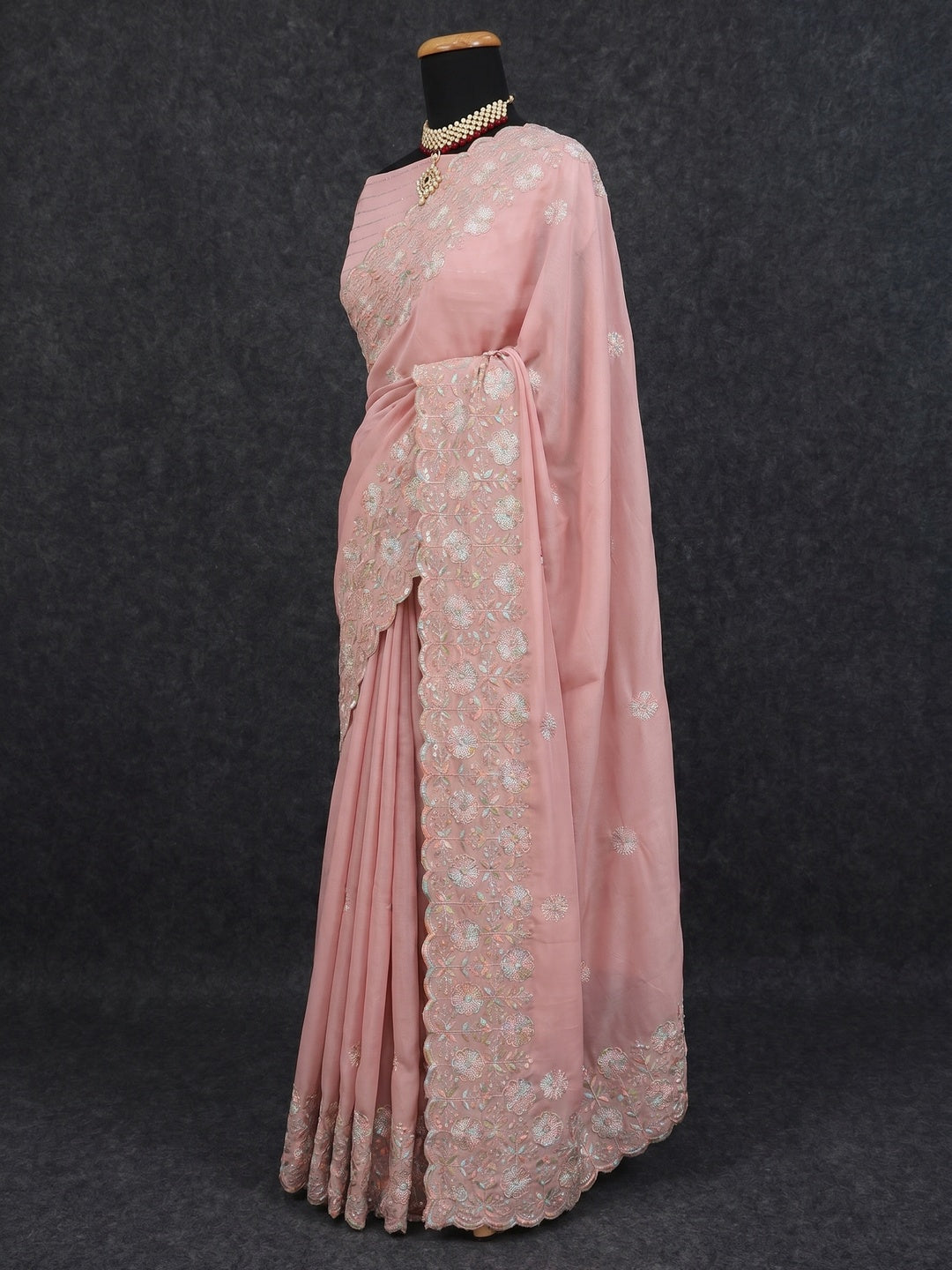 Dusty Pink Floral Sequins Embroidered Crepe Silk Saree - Image 2