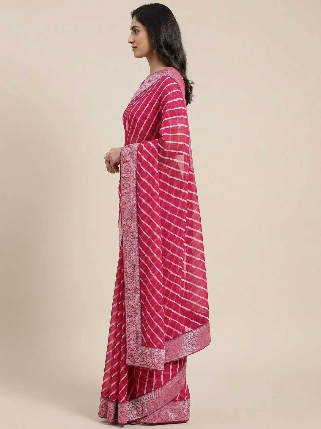 Pink Leheriya Printed Georgette Saree With Woven Border - Image 2
