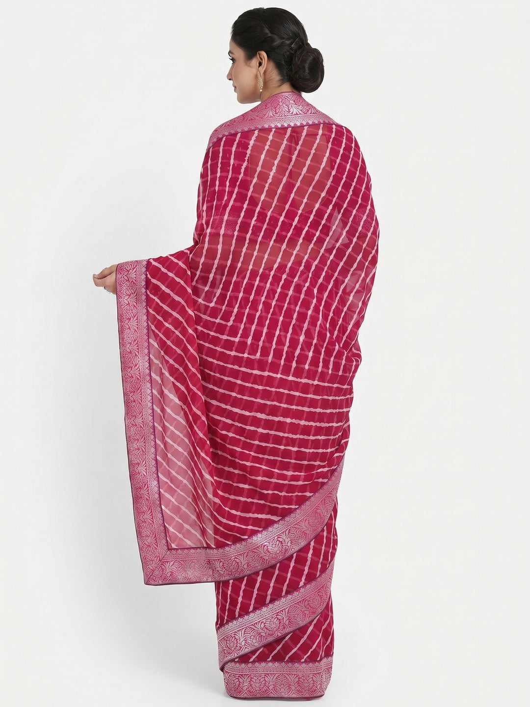 Pink Leheriya Printed Georgette Saree With Woven Border - Image 3