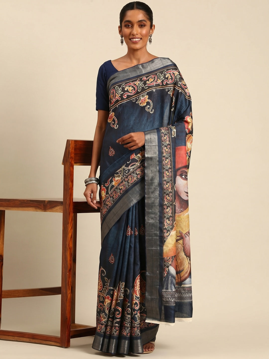 Blue Digital Printed Cotton Blend Saree With Woven Border - Image 1